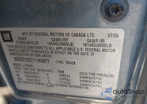 2007 Chevrolet Silverado 1500 Classic Lt1 из США, поврежденный, VIN 2GCEC13Z771143877